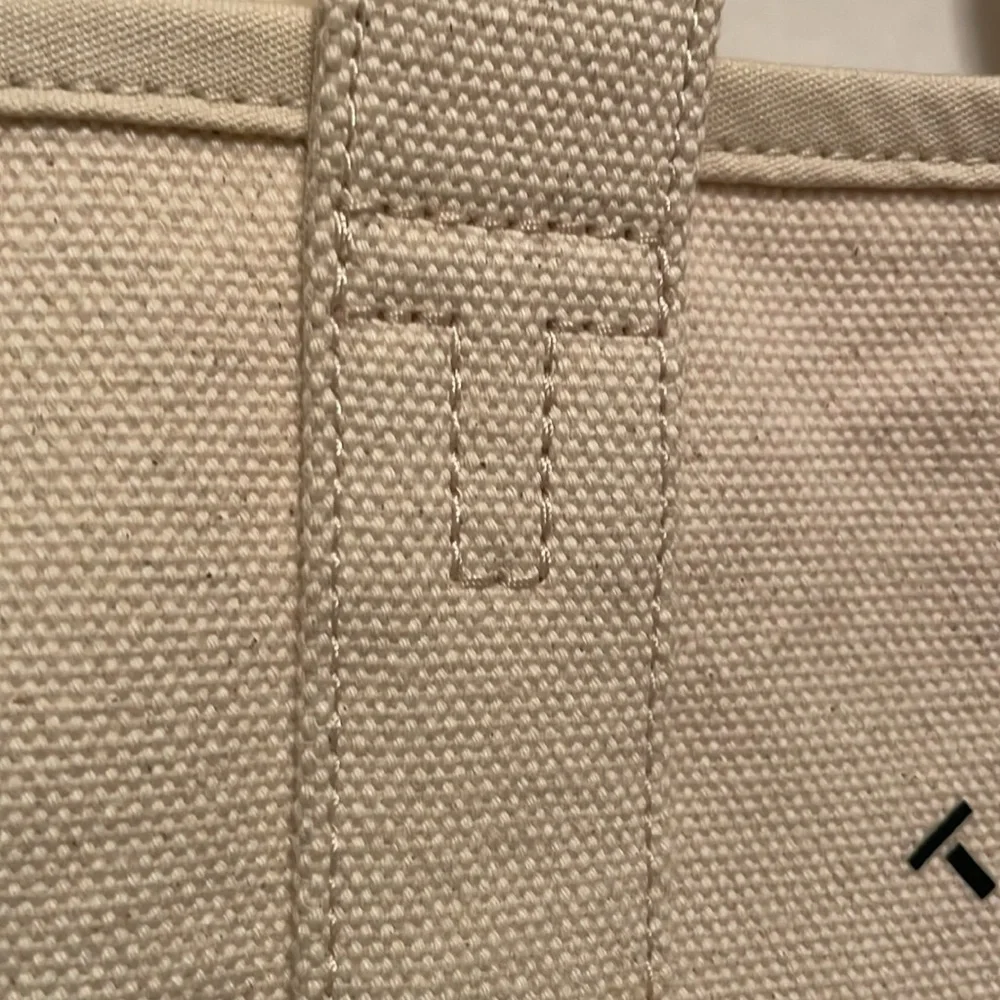 Tory Burch Mercer St. Canvas Tote Bag in Cream Navy Leather Straps